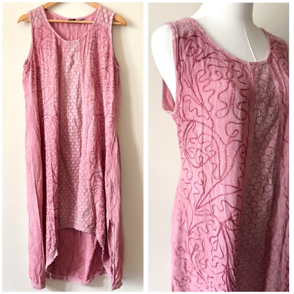 Gorgeous Bohemian‎ Hi-Low Pink Embroidered Lace Loose Fit Shark-bite Maxi Dress